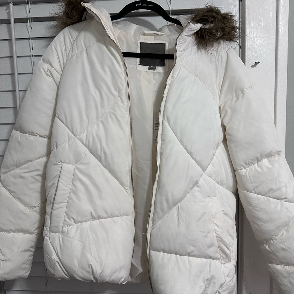 Maurices Cream Puffer Jacket with Faux Fur Trim